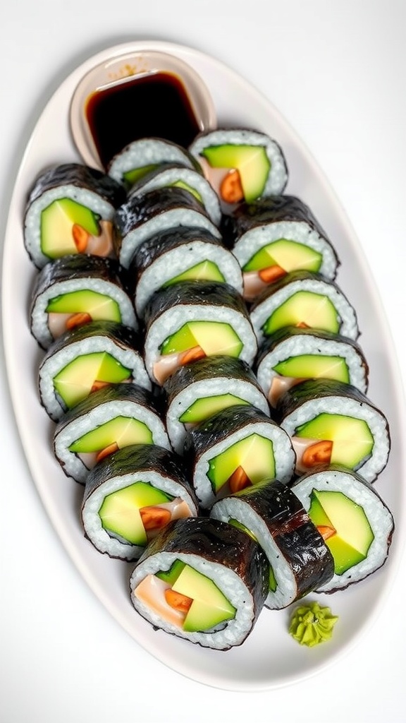 A plate of clam uzumaki rolls with fresh clams, cucumber, and avocado, served with wasabi and soy sauce.